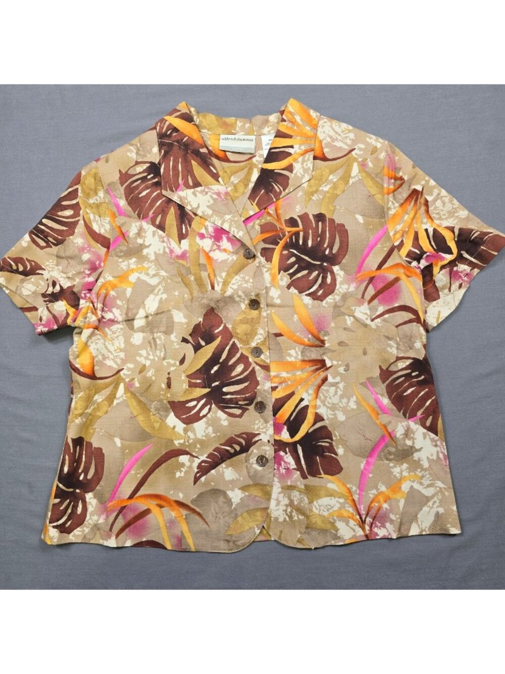 Alfred Dunner Petite 12P Tropical Leaf Print Button-Up Short Sleeve Shirt